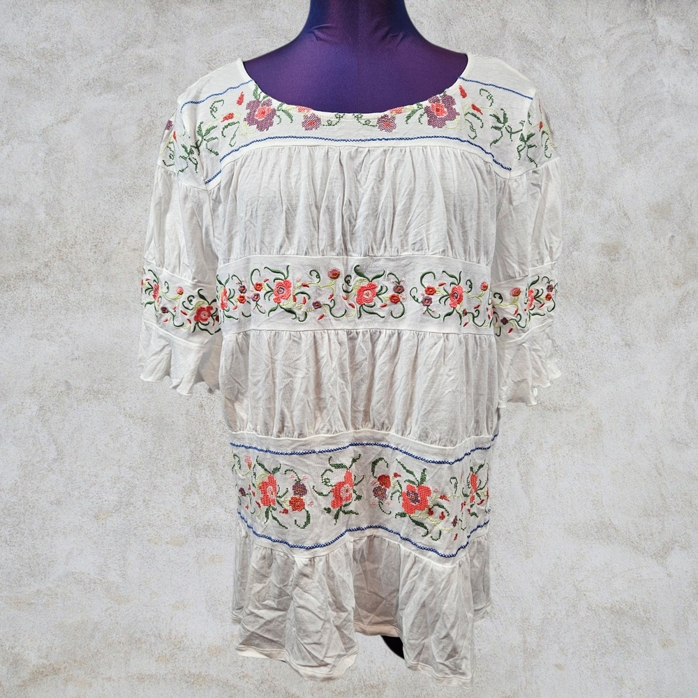Sundance White Tunic with Pink & Green Floral Embroidery